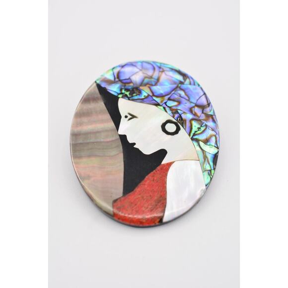 Vintage Cameo Pin Abalone Shell Inlay Woman Profile Mother's Day Artistic BinV - Picture 4 of 12